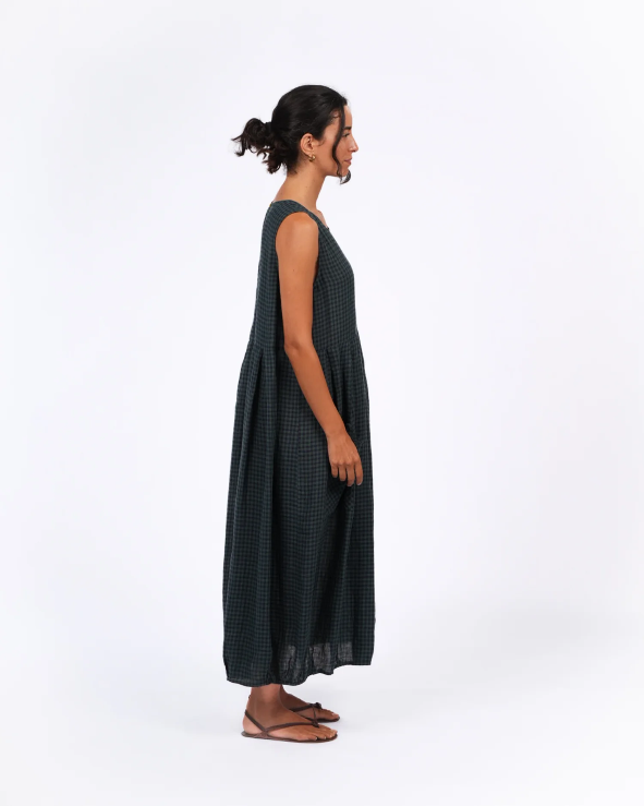 Montaigne - Sartene - French Linen Dress - Blue Green Check