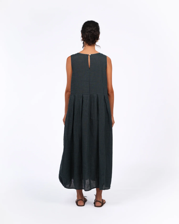 Montaigne - Sartene - French Linen Dress - Blue Green Check