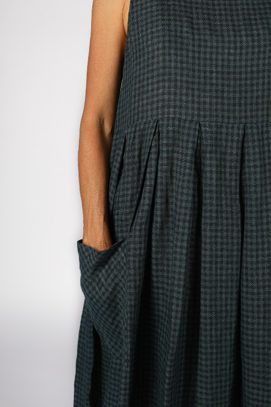 Montaigne - Sartene - French Linen Dress - Blue Green Check
