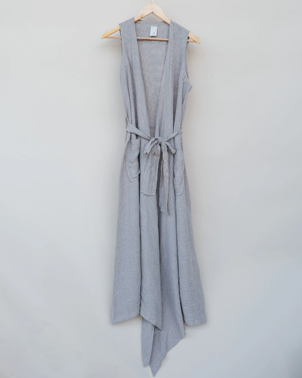 Montaigne - Geneviève - Wrap Around Linen Dress With Deep Front Pockets - Natural Houndstooth