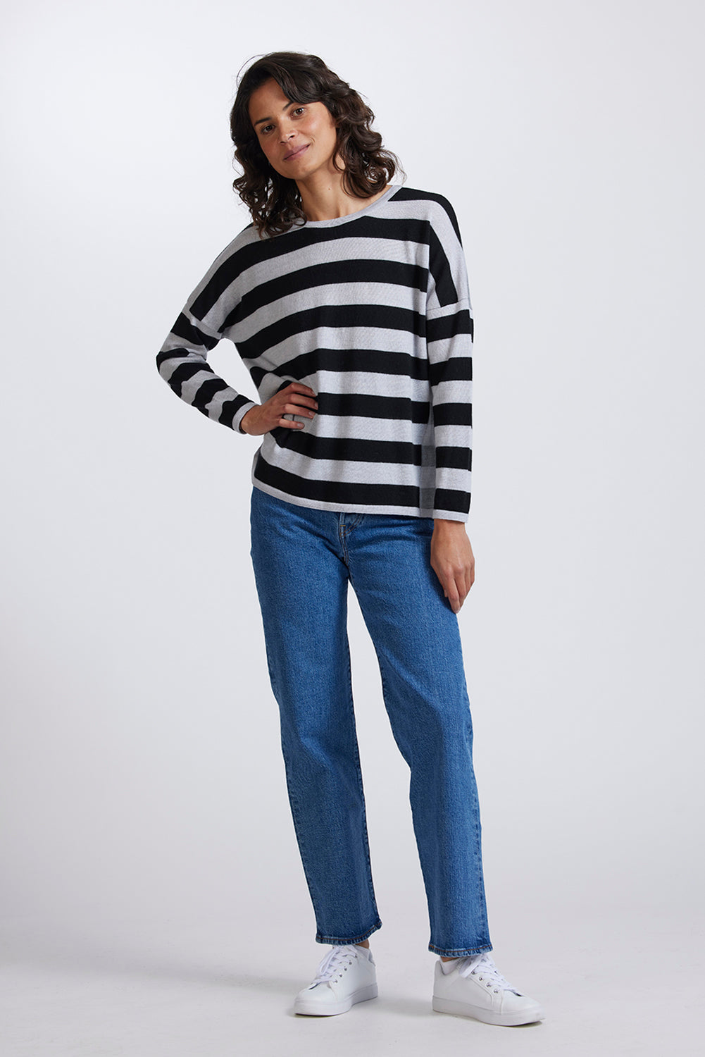 Royal Merino Stripe Drop Shoulder Jumper - Greys - LAST - Size XXL