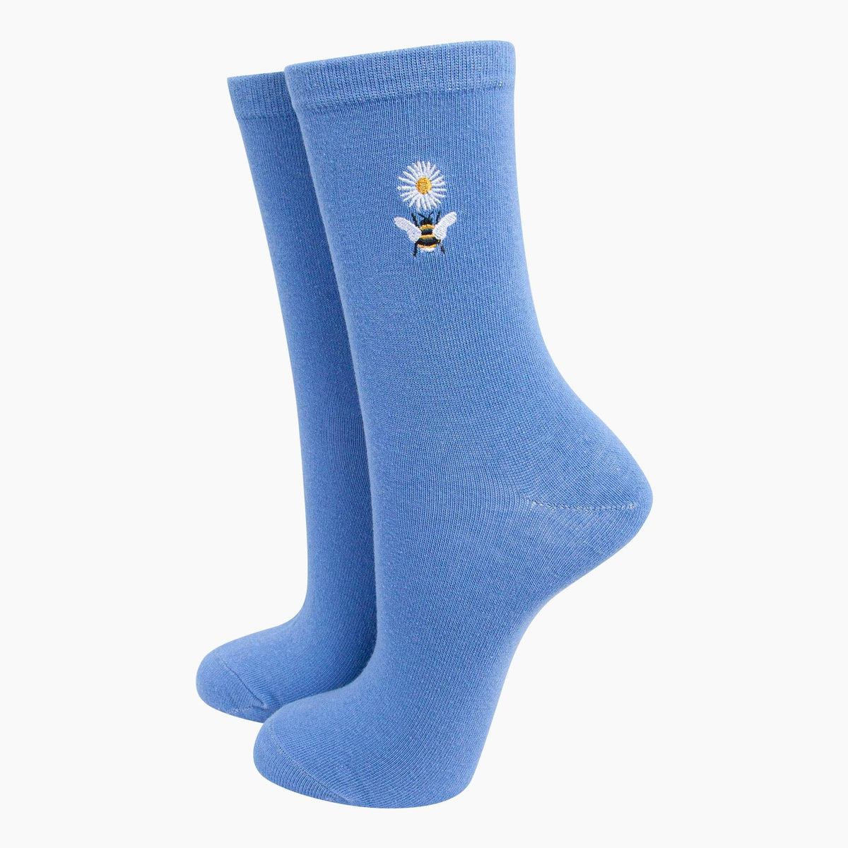 Women's Embroidered Cotton Socks -  Blue, Bee Daisy Flower