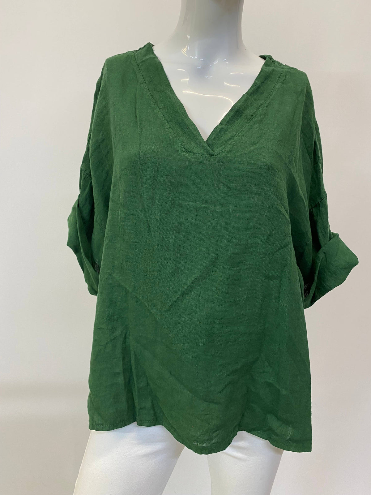 Italian Mid-Length Sleeve V-Neck Linen Top