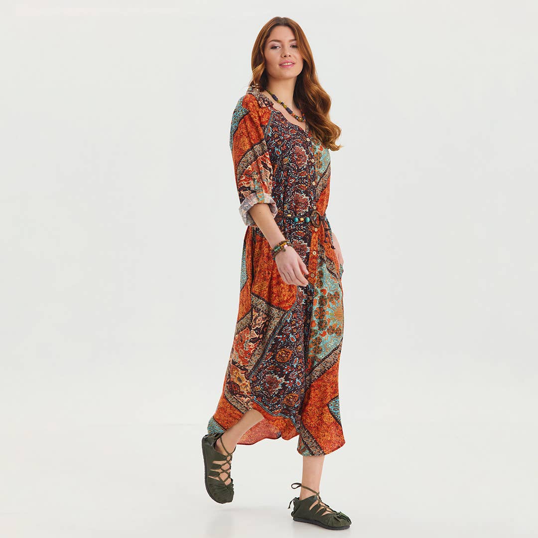 Bohemian Caravan - Belt Detailed Patterned Shirt Dress - Orange