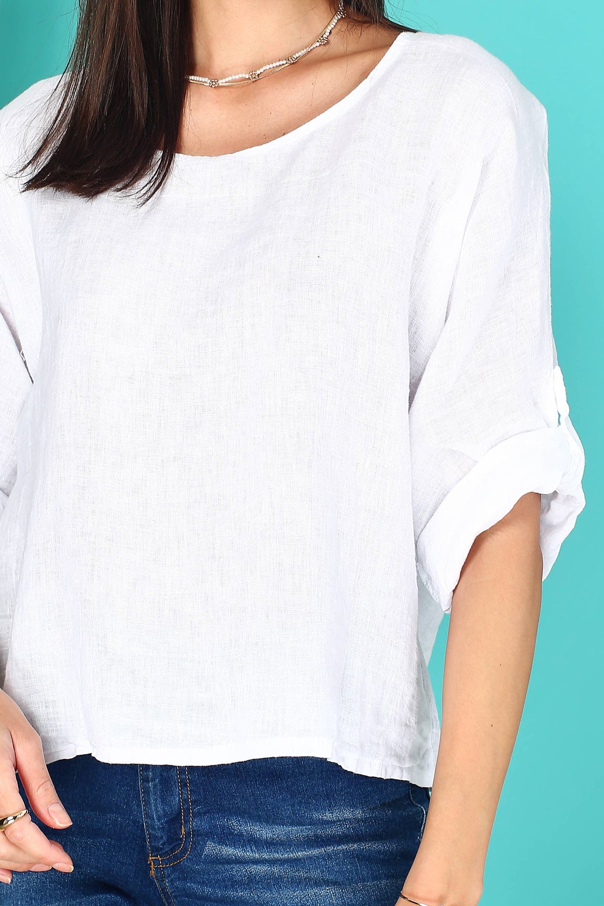 Italian Linen Basic Top Crop Sleeve w Button