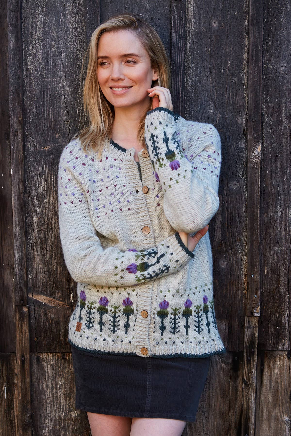 Wildflower – Handmade Thistle Embroidered Wool Button Cardigan
