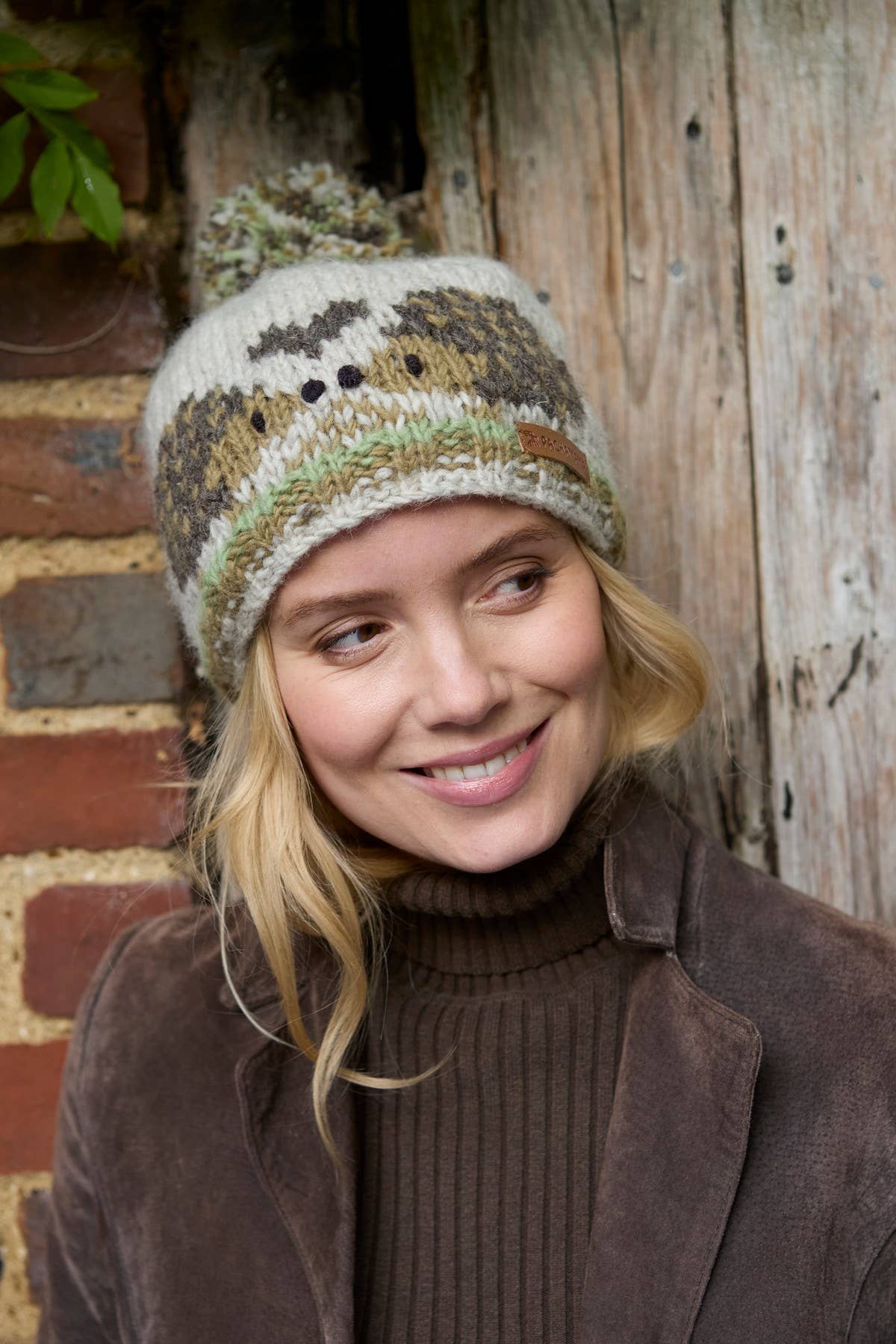 Hedgehog Hand Knitted Wool Animal Bobble Beanie Hat - Natural