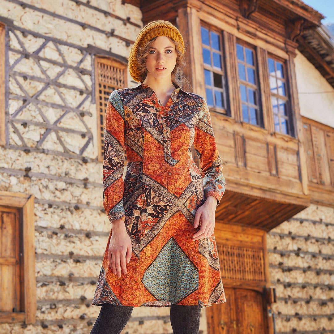 Rust Nomad - Printed Long Sleeve Dress - Brown/Rust