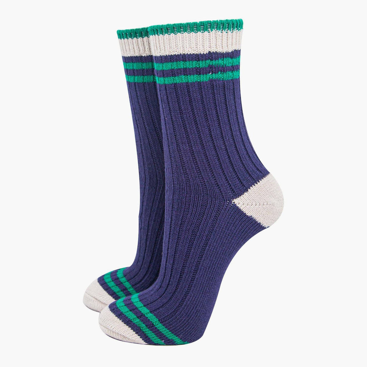 Women's Mid-Calf Socks- Navy Blue/Green, Striped Cuff