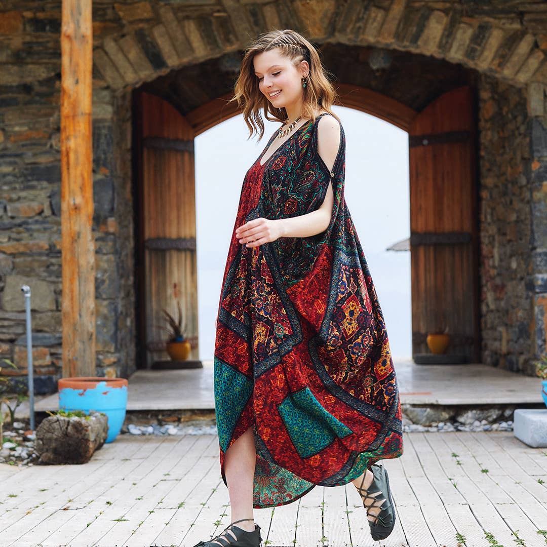 Nomad Tapestr - Patterned Low Back Bohemian Summer Dress - Black/Teal