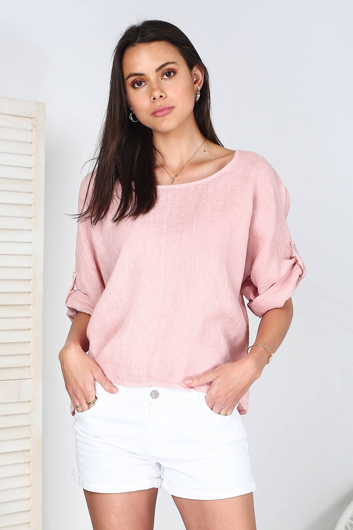 Italian Linen Basic Top Crop Sleeve w Button