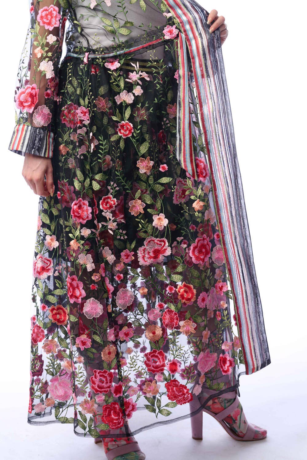 Arata - Floral Embroidered Duster Jacket - Dark Rose