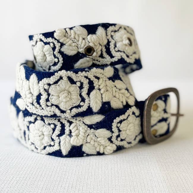 Jenny Krauss - Embroidered Wool Belt - Blue/Cream