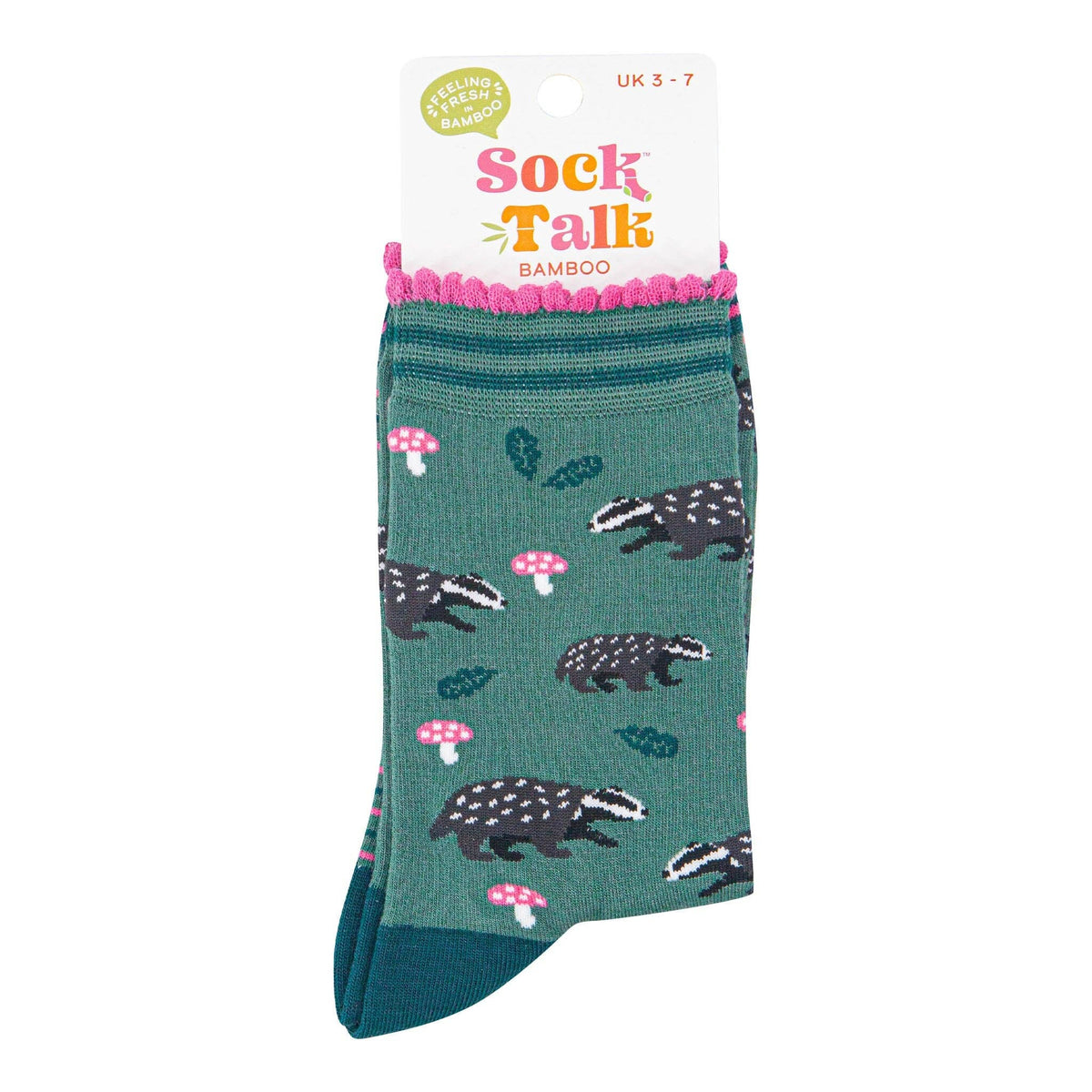 Women's Bamboo Socks - Sage/Forest Green, Badgers Toadstools