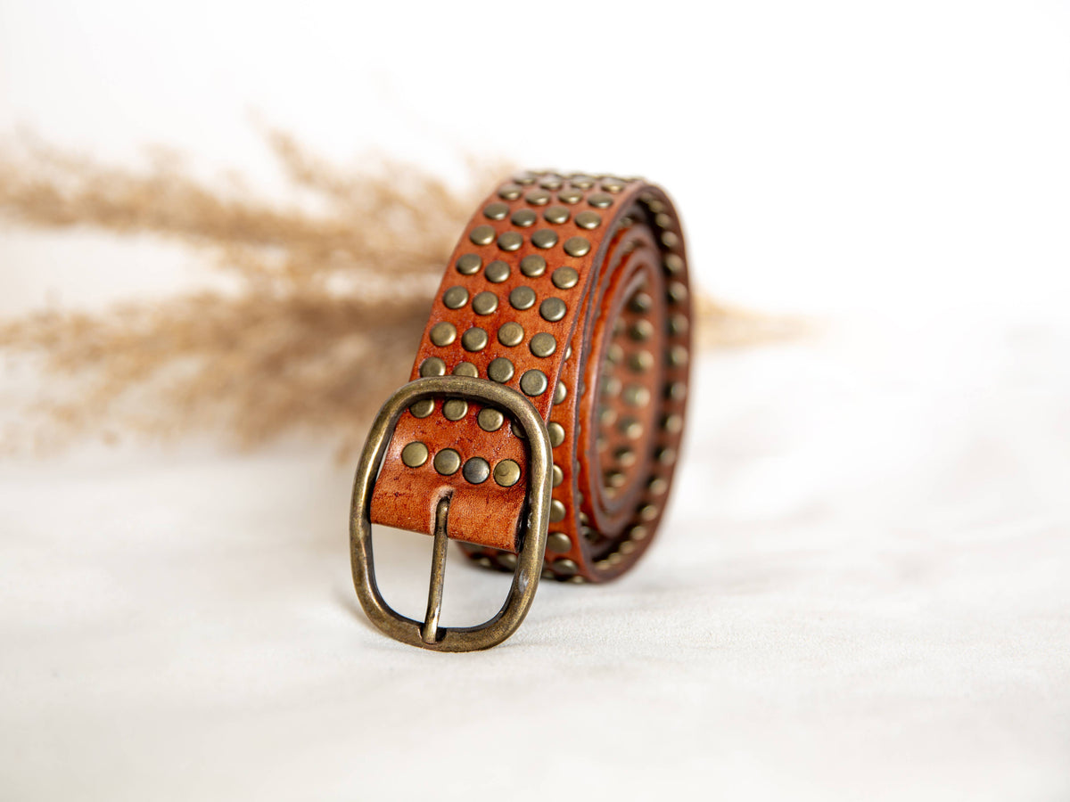 Leather Belt With Studs - Light Brown