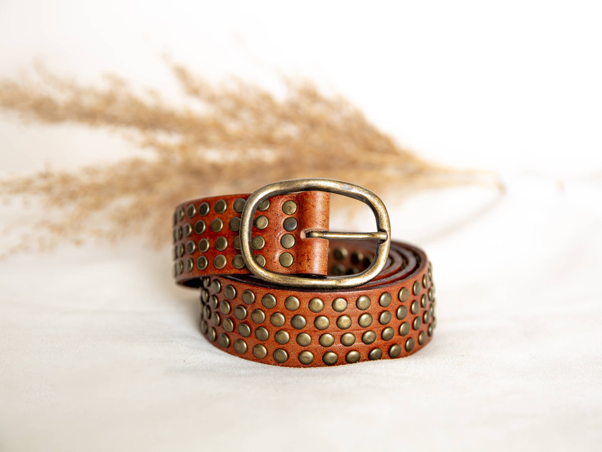 Leather Belt With Studs - Light Brown