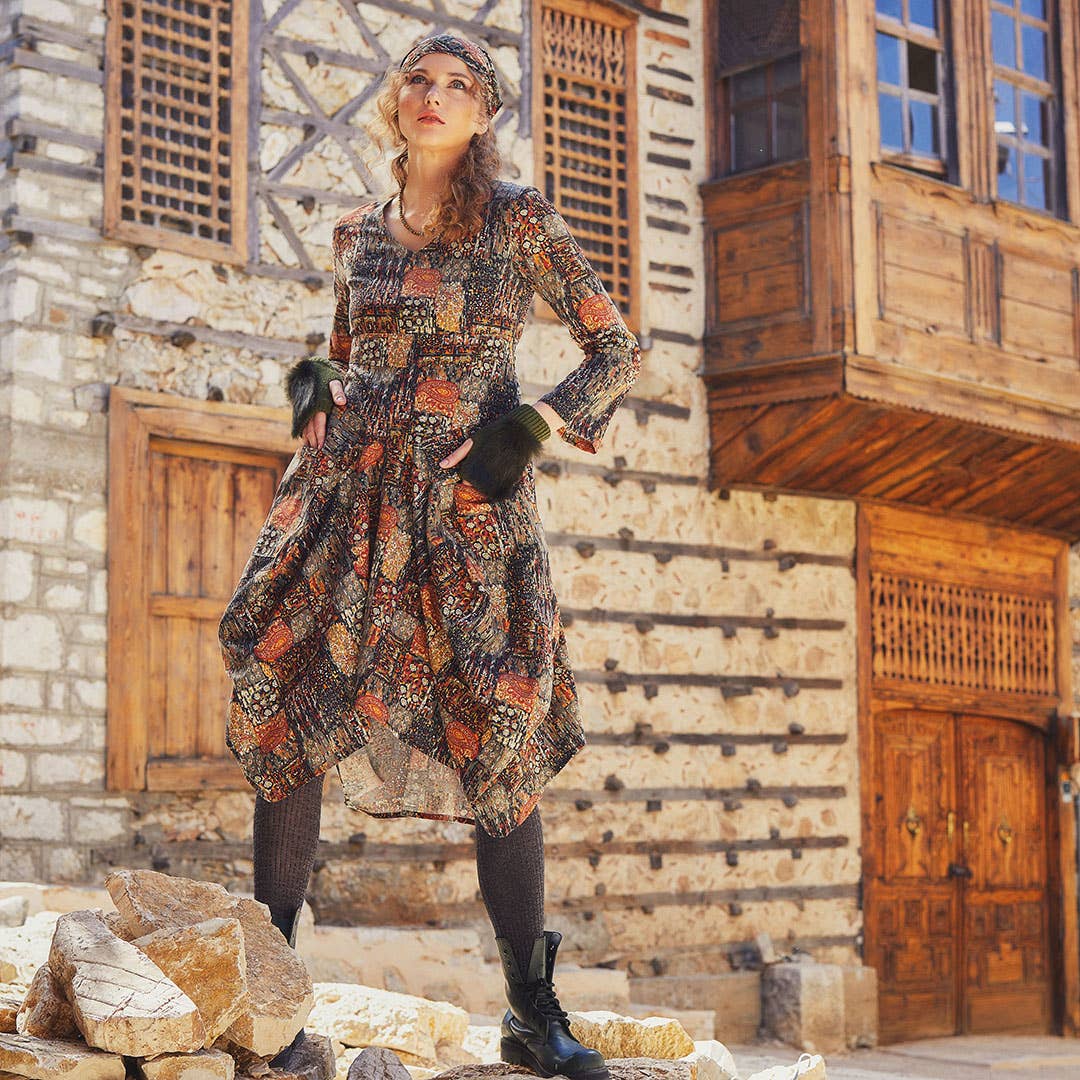 Earth Mosaic - Printed V Neckline Long Sleeve Dress