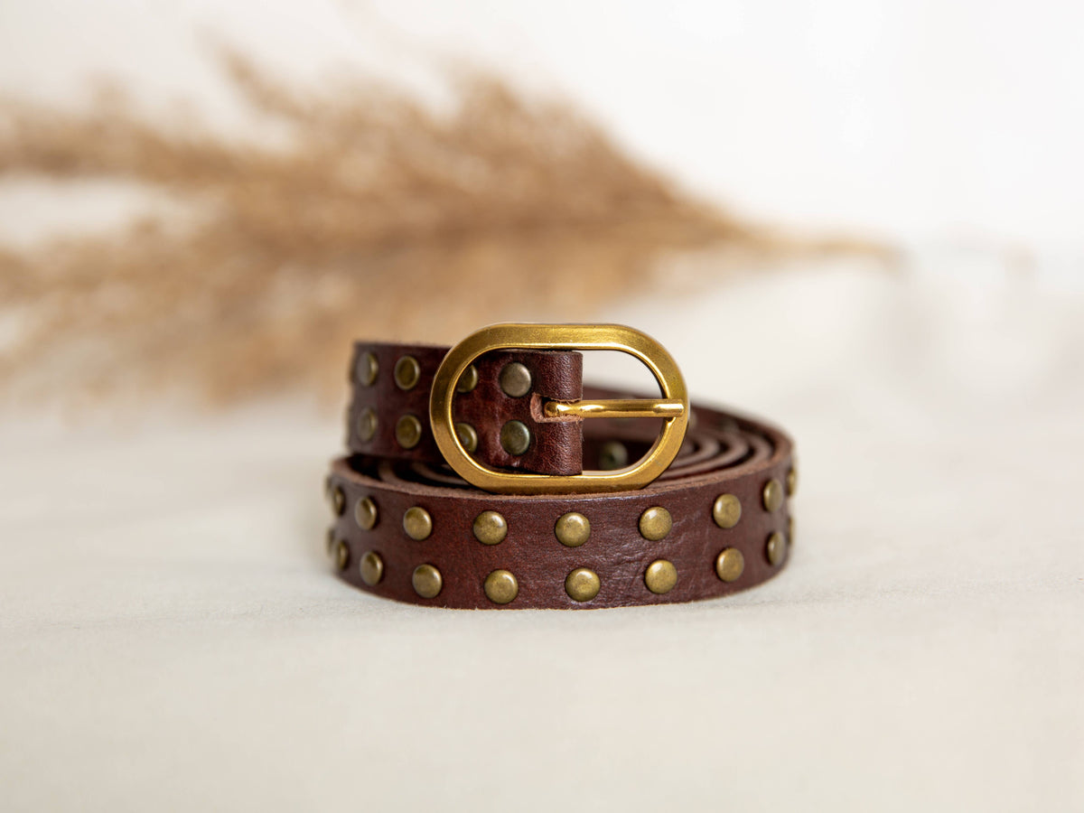 Narrow Leather Belt With Studs - Dark Brown