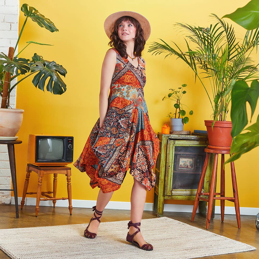 Autumn Mosaic - Cotton Sleeveless Dress - Brown /Orange