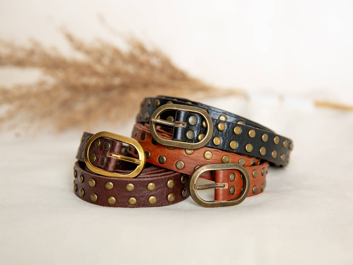 Narrow Leather Belt with Studs - Black