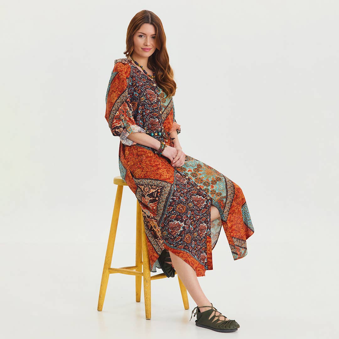 Bohemian Caravan - Belt Detailed Patterned Shirt Dress - Orange