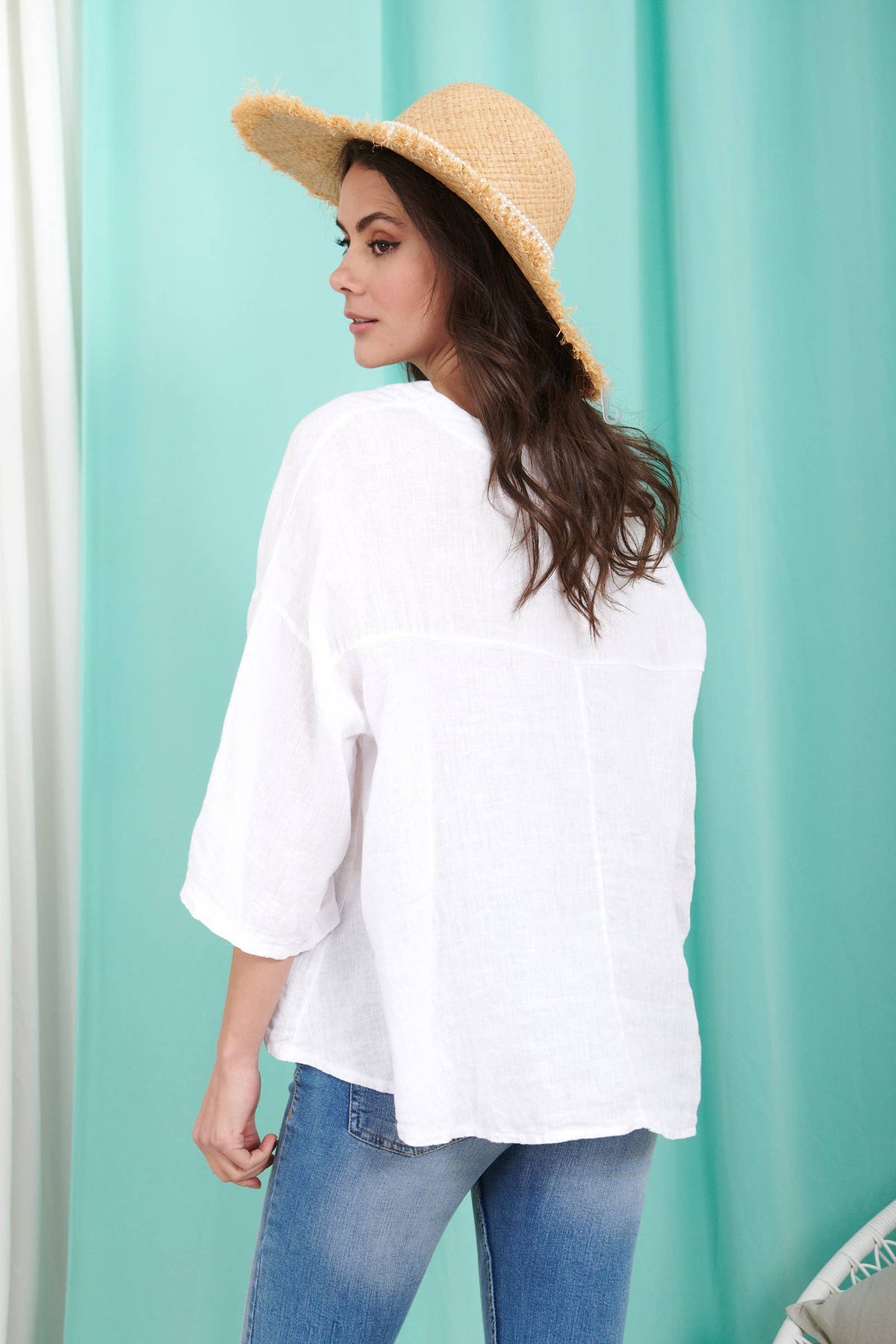 Italian Mid-Length Sleeve V-Neck Linen Top