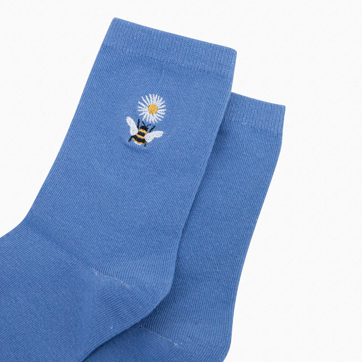 Women's Embroidered Cotton Socks -  Blue, Bee Daisy Flower