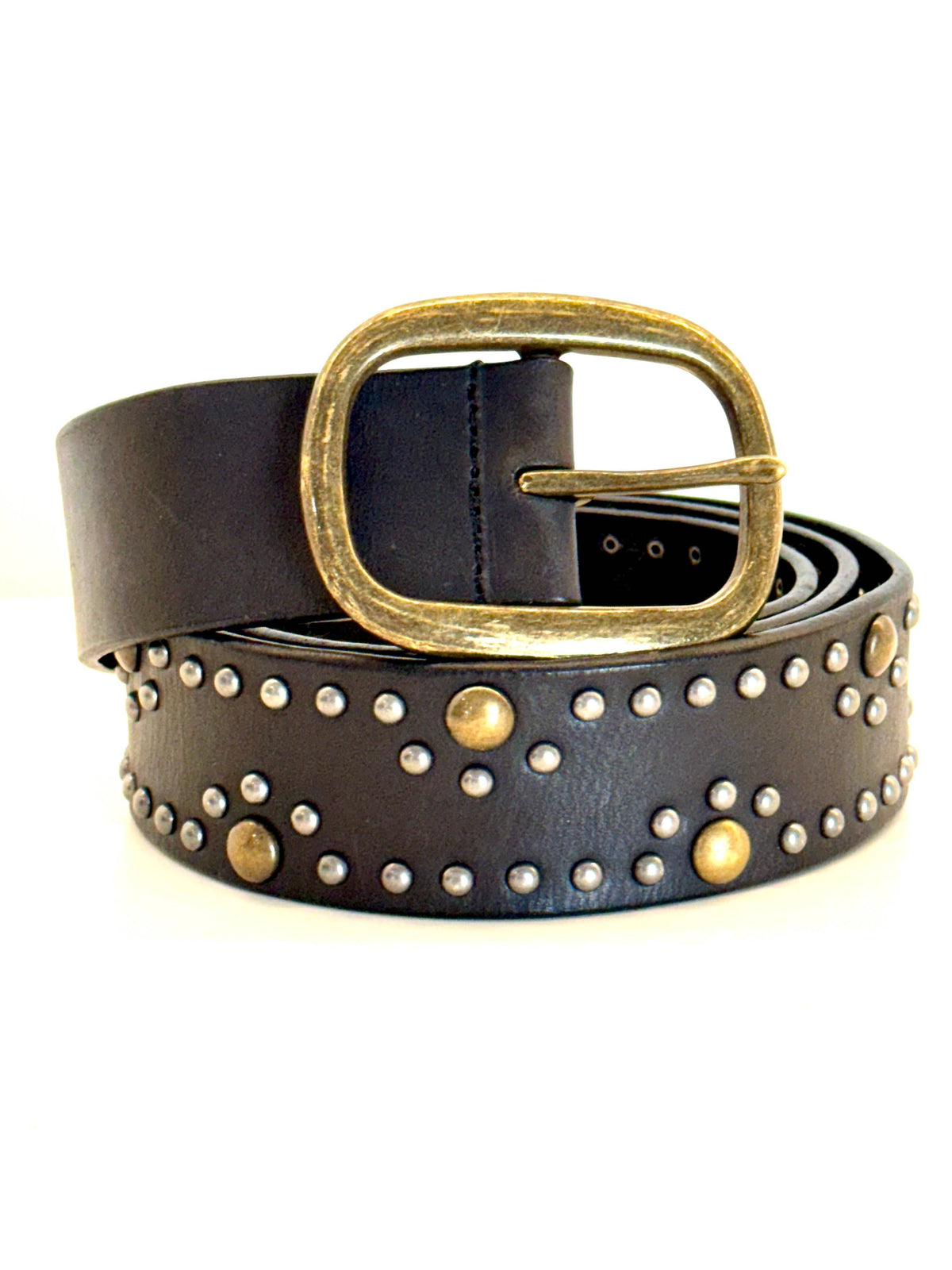 Ginger Blue - Leather Belt with Aged Brass and Silver Studs - Black