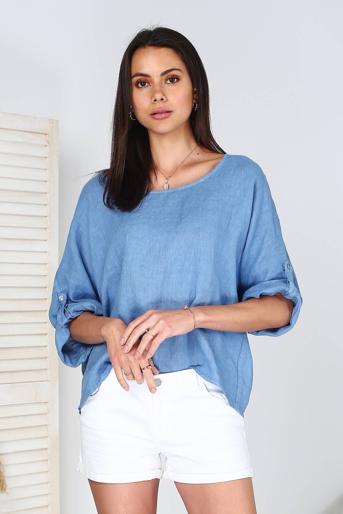 Italian Linen Basic Top Crop Sleeve w Button