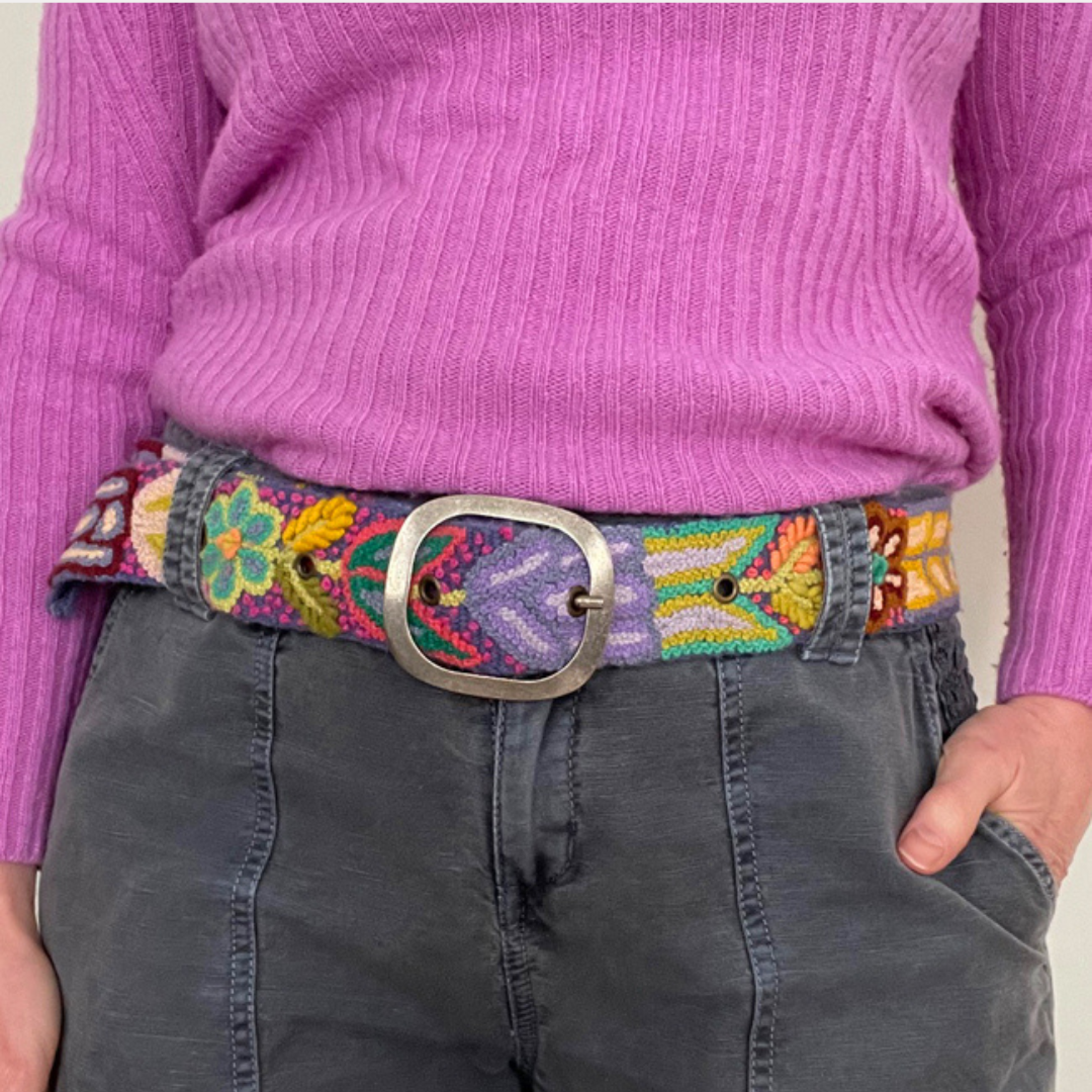 Jenny Krauss - Floral Hand Embroidered Wool Belt - Purple Folklorica