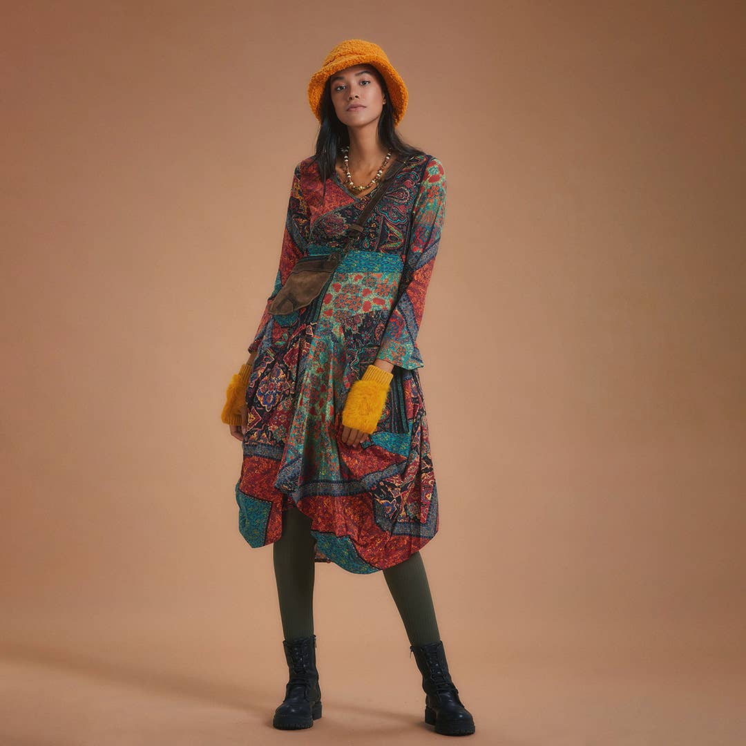 Autumn Nomad - V Neckline Long Sleeve Cotton Dress - Orange /Teal