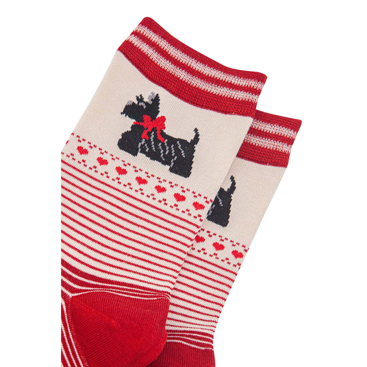Women's Bamboo Socks - Cream/Red - Scottish Terriers Stripes