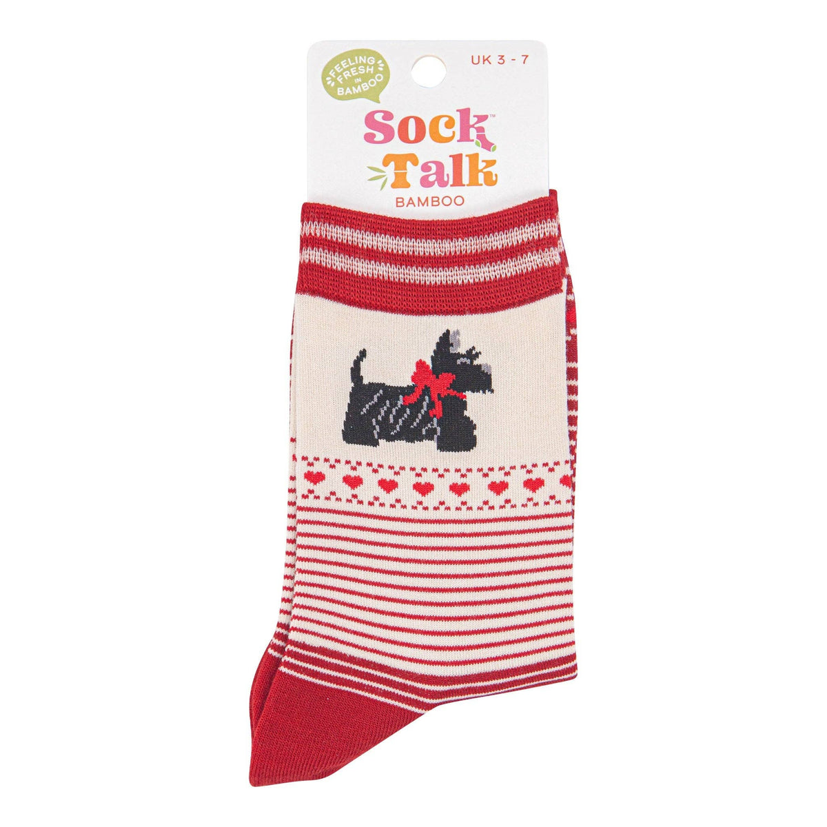 Women's Bamboo Socks - Cream/Red - Scottish Terriers Stripes