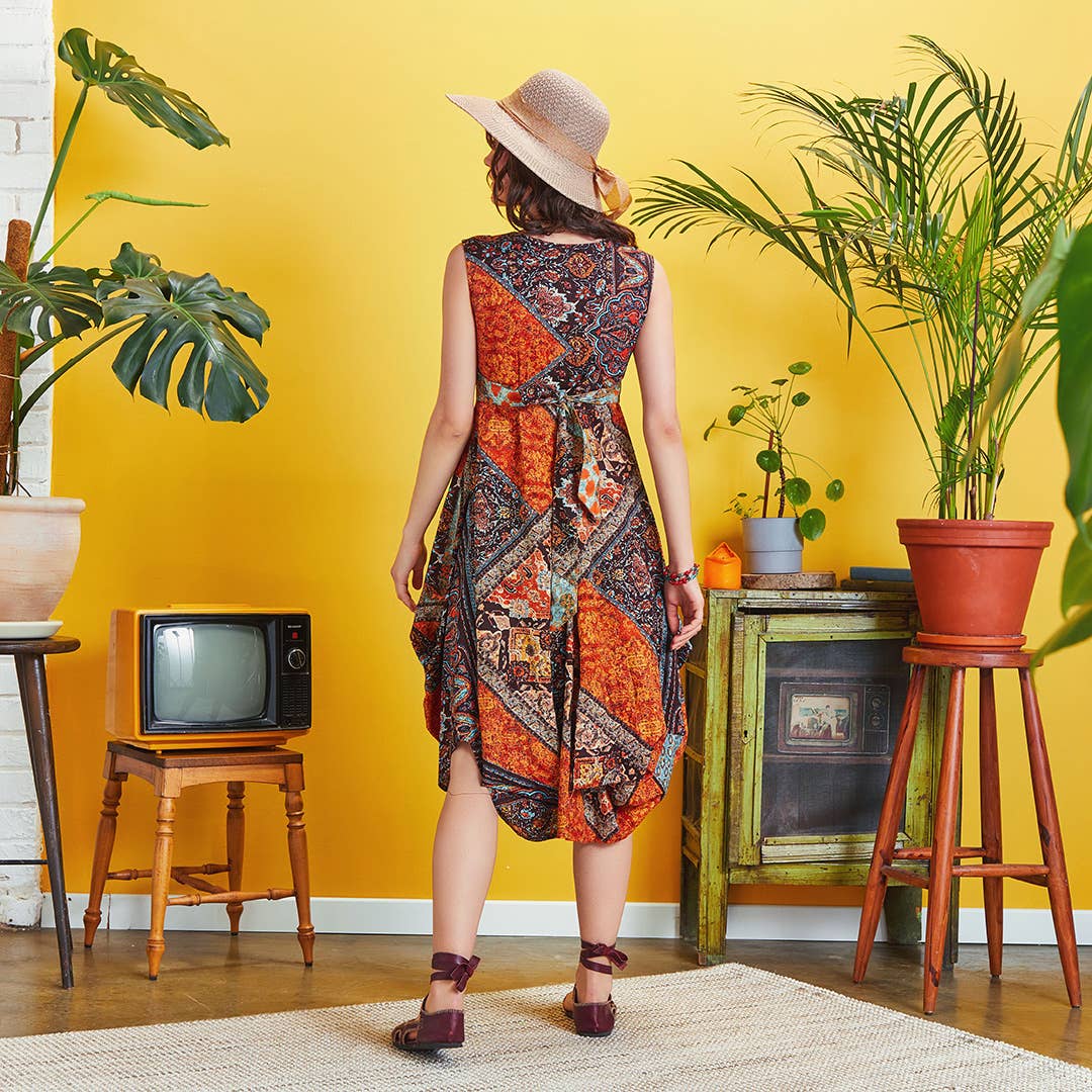 Autumn Mosaic - Cotton Sleeveless Dress - Brown /Orange