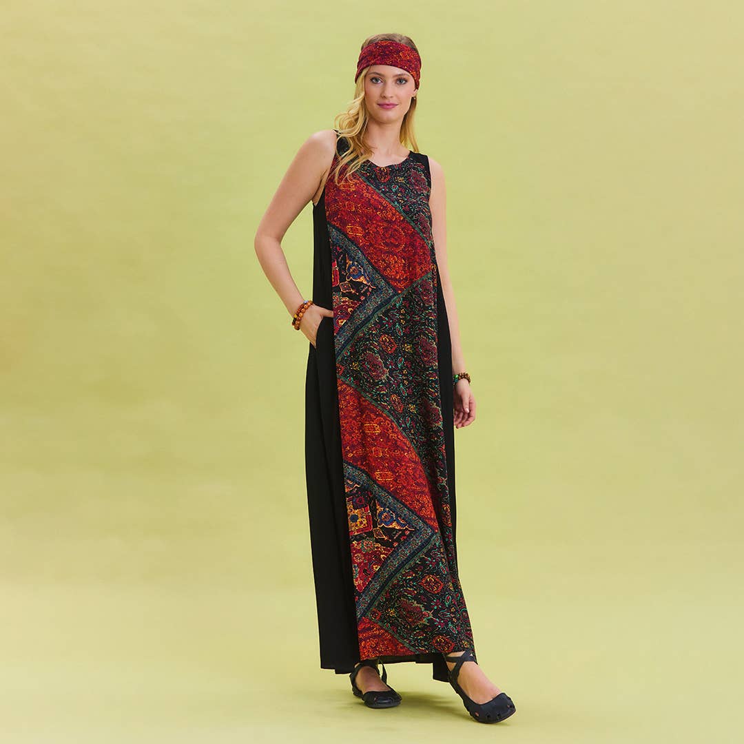 Bohemian Patchwork - Maxi Crew Neck Pocket Detailed Ethnic Patterned Dress - Black /Red