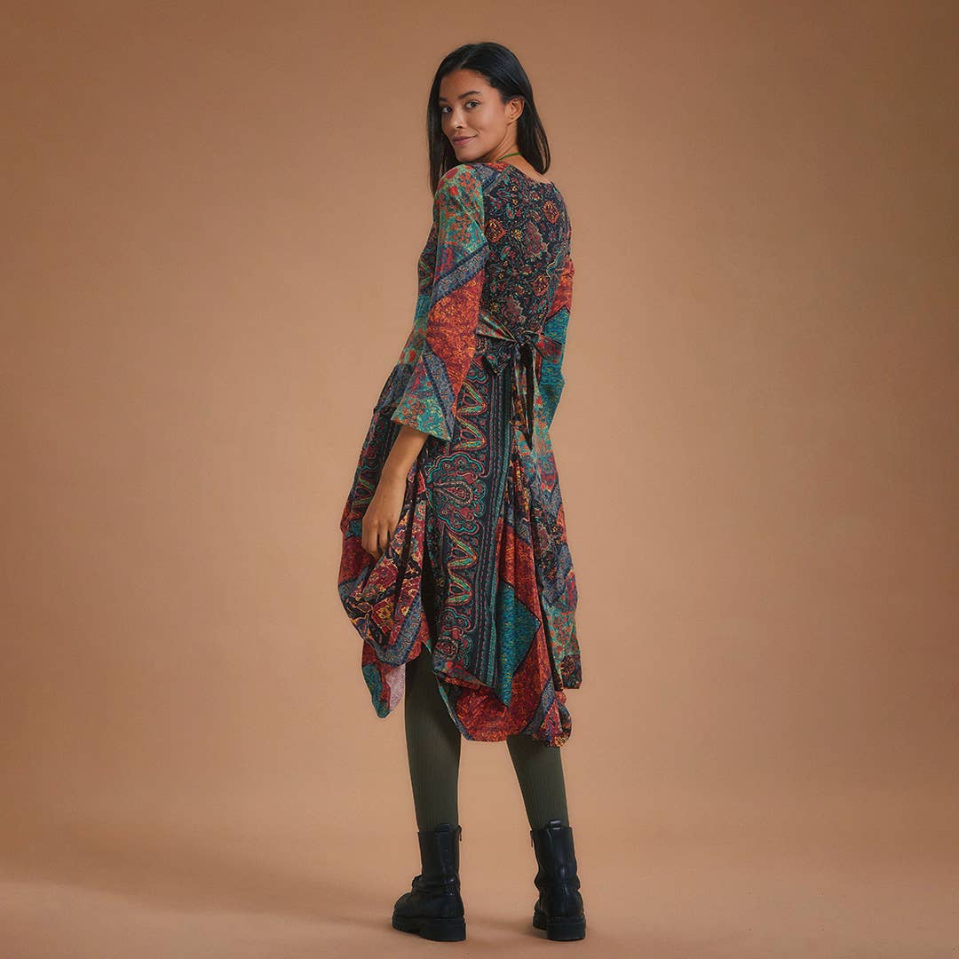 Autumn Nomad - V Neckline Long Sleeve Cotton Dress - Orange /Teal