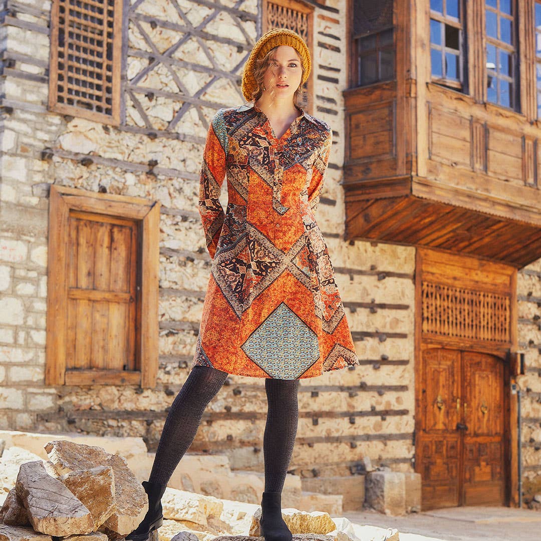 Rust Nomad - Printed Long Sleeve Dress - Brown/Rust