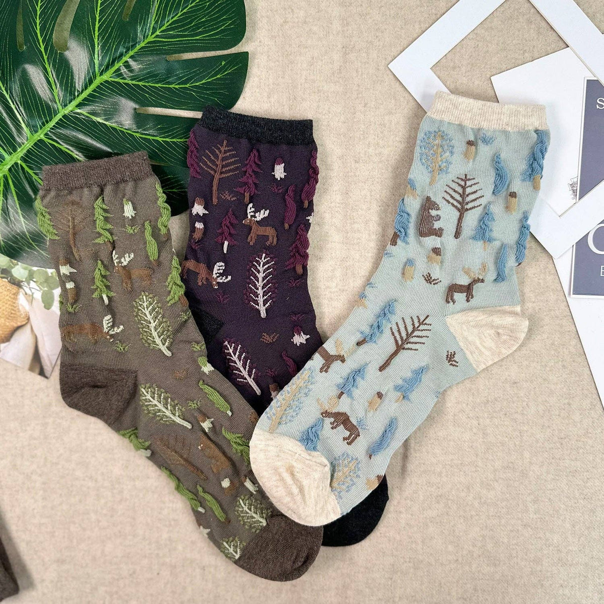 Women's Crew Oulanka Forest Embroidery Pattern Socks