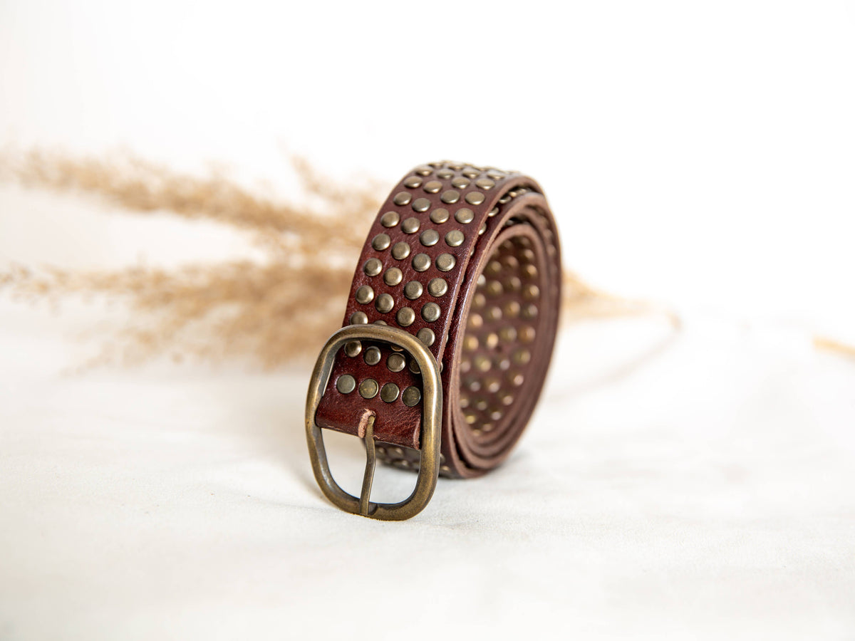Leather Belt With Studs - Dark Brown