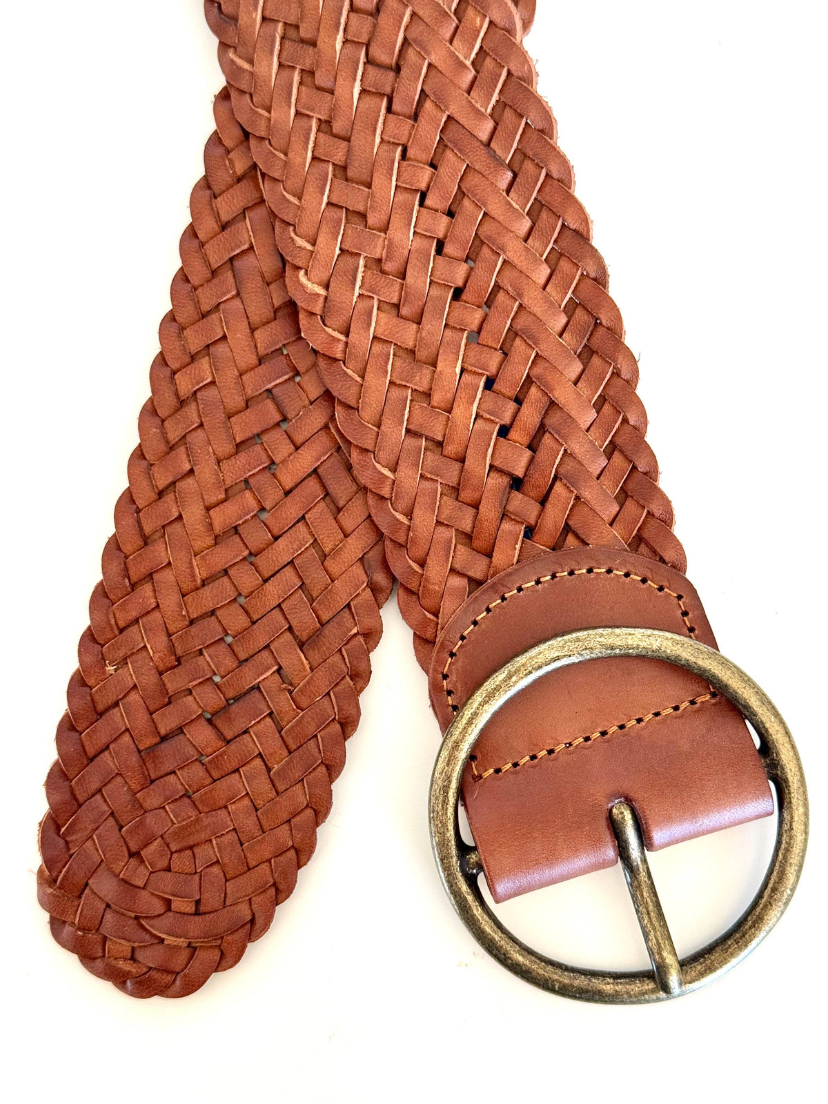 Ginger Blue - Classic Wide Braided Leather Belt - Cognac