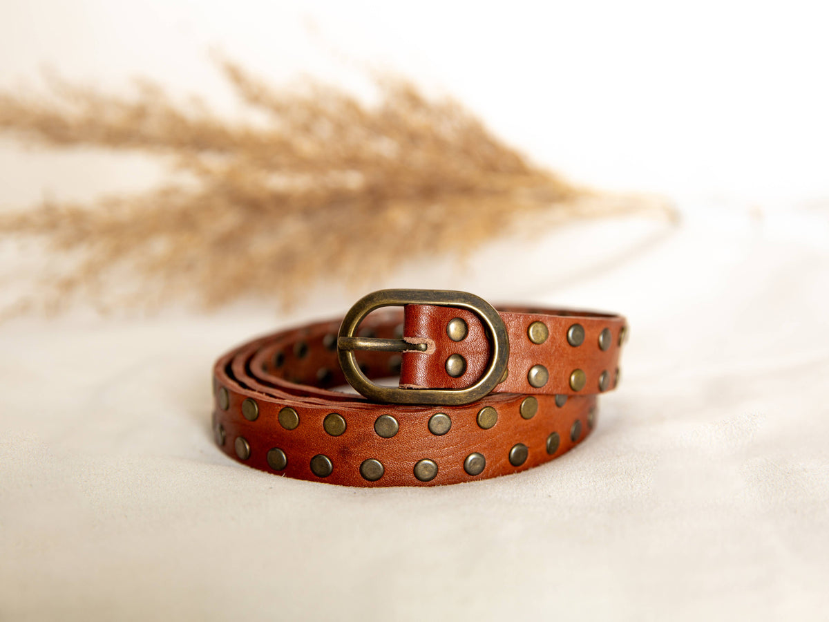 Narrow Leather Belt With Studs - Light Brown