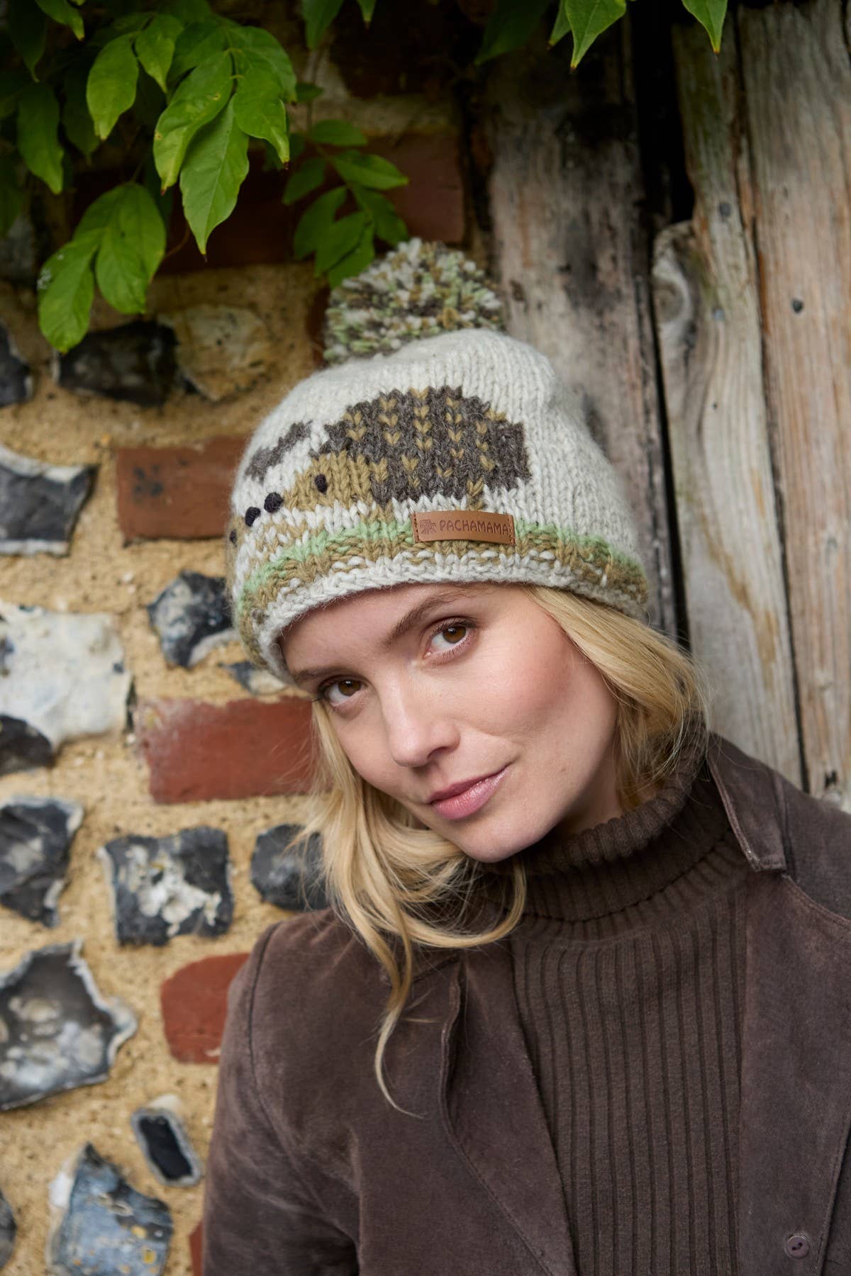 Hedgehog Hand Knitted Wool Animal Bobble Beanie Hat - Natural