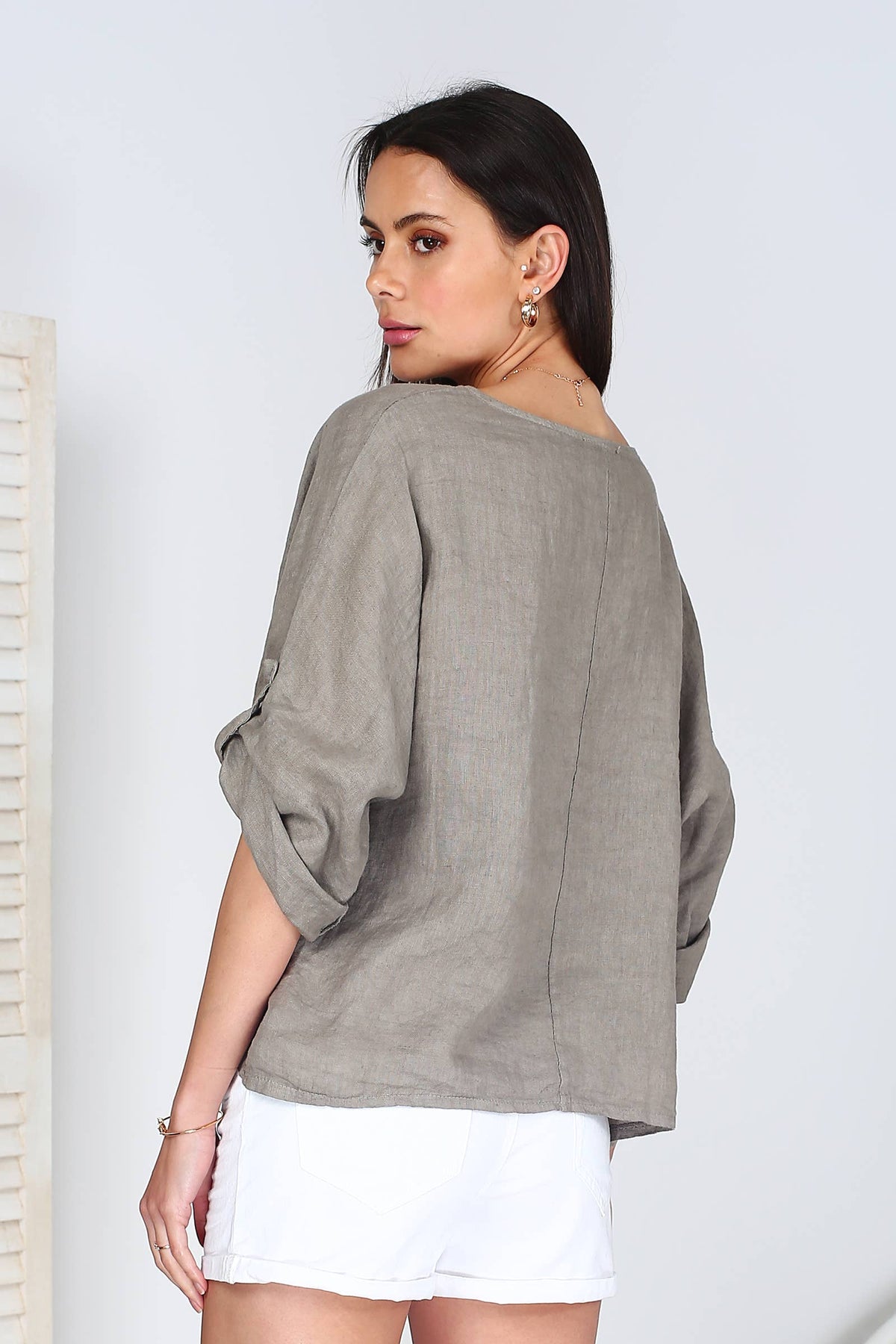 Italian Linen Basic Top Crop Sleeve w Button