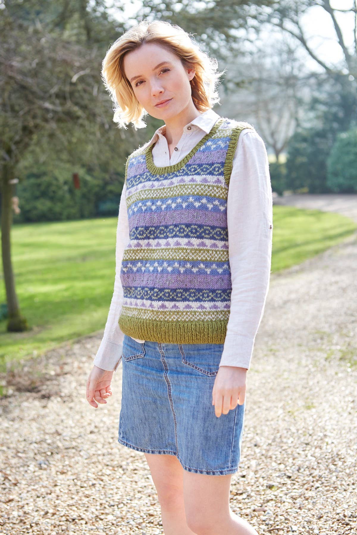 Classic Fair Isle Wool Knit Sleeveless Vest Tank - Lilac/ Green