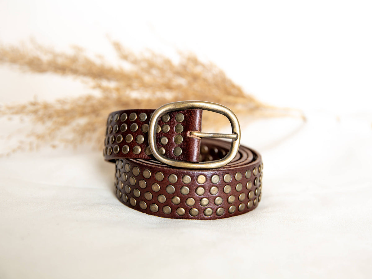 Leather Belt With Studs - Dark Brown