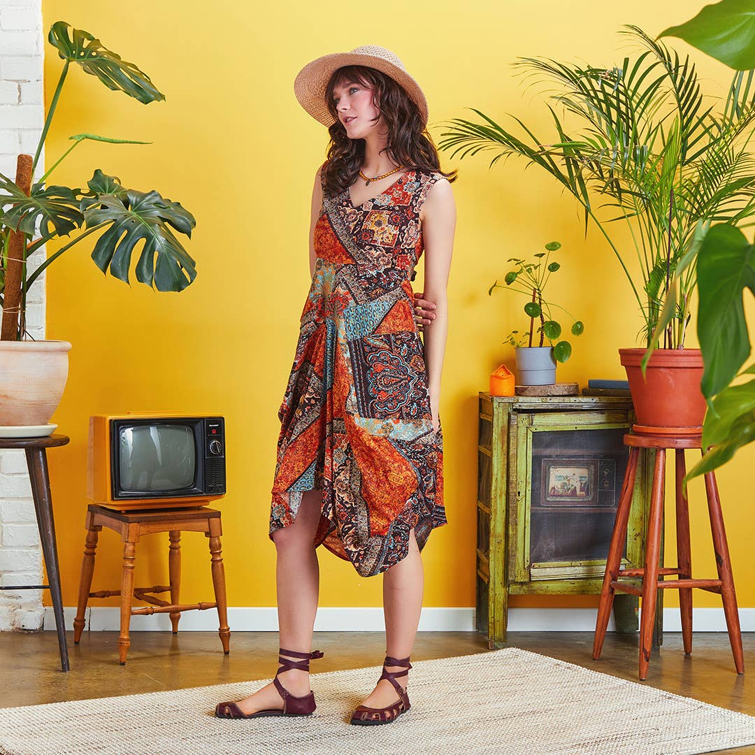 Autumn Mosaic - Cotton Sleeveless Dress - Brown /Orange