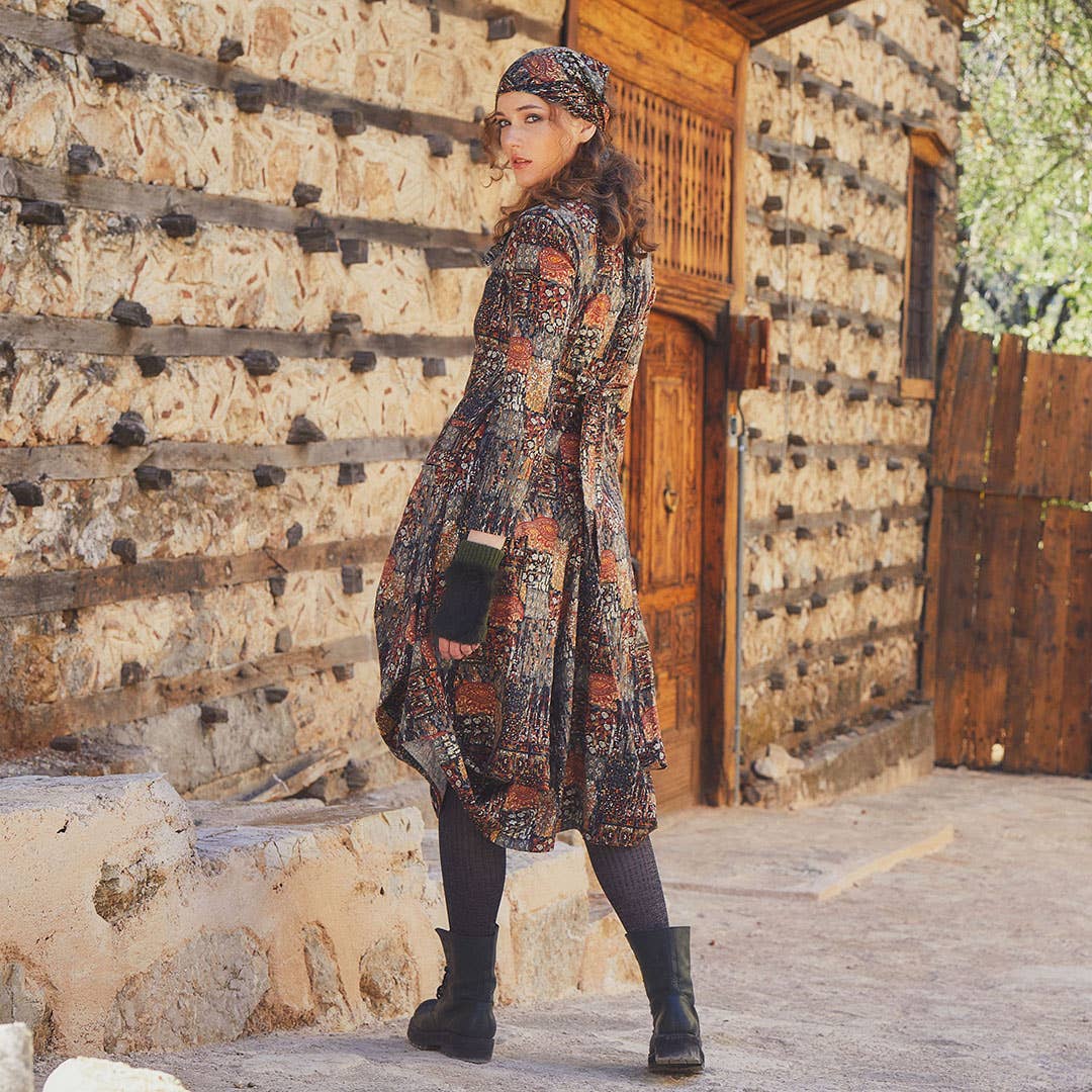 Earth Mosaic - Printed V Neckline Long Sleeve Dress