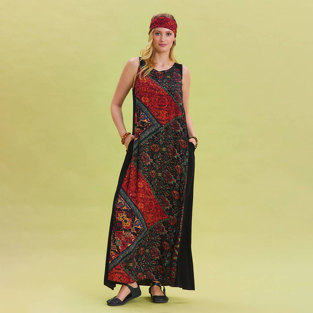 Bohemian Patchwork - Maxi Crew Neck Pocket Detailed Ethnic Patterned Dress - Black /Red