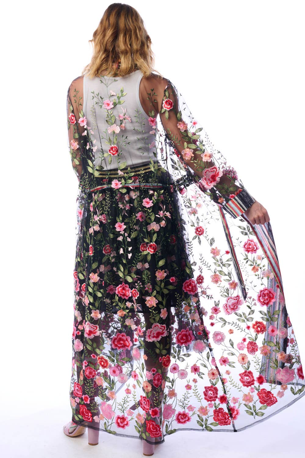 Arata - Floral Embroidered Duster Jacket - Dark Rose