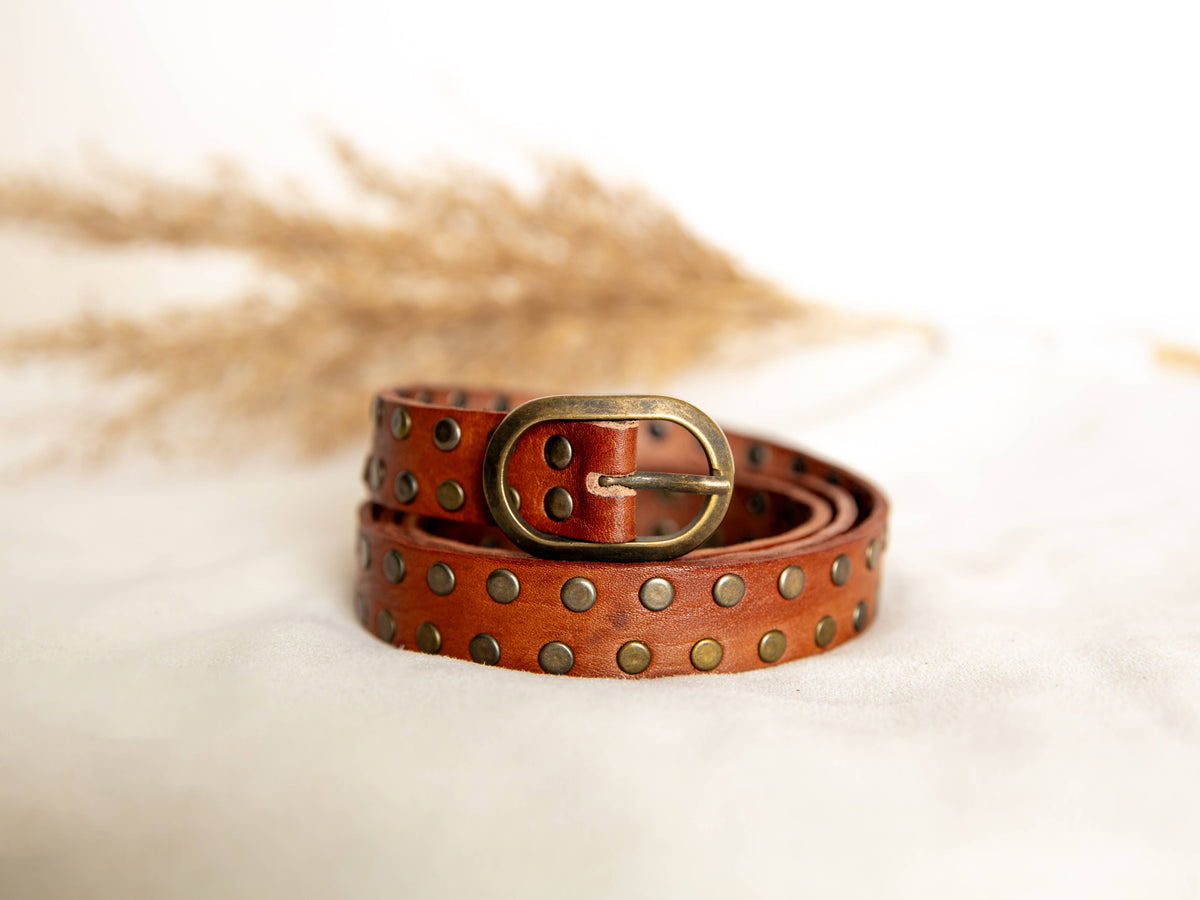 Narrow Leather Belt With Studs - Light Brown